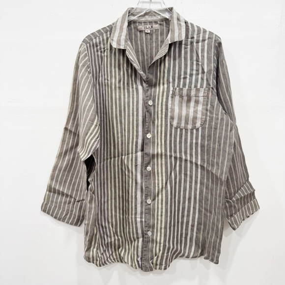 Flax Button Down Stripe Linen Shirt Lagenlook Coastal Size Medium - Picture 1 of 8